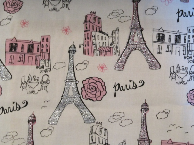 Eiffel Tower, bistro chairs/buildings/word Paris on white with sparkles