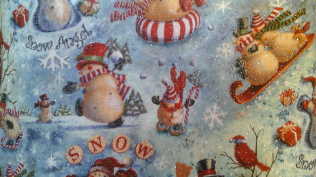 Sparkly Snowmen Having Fun on sleds/skis/coats/snow angels  8" round