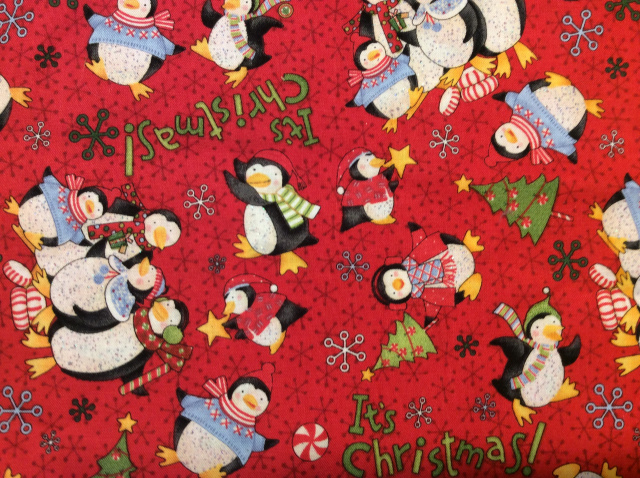 Black/white penguins in sweaters and hats and scarves on a red background with snowflakes
