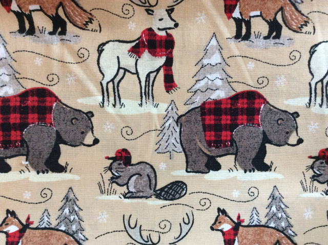 Fox, bear, deer, squirrel wearing buffalo plaid vests, scarves or hats on beige