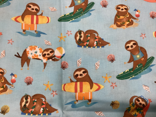 Brown sloths in bathing suits on surf boards and sunning themselves on light blue