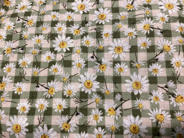 White daisies with yellow centers on sage and cream check