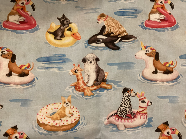 Cute corgi, scottie, dalmation, dachsund, and mixed breed dogs on animal floats on blue