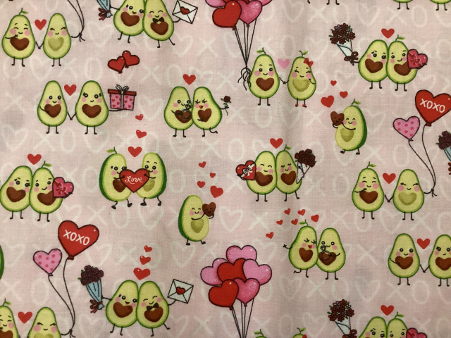 Avocados holding hands and hearts that say Love, on a pink background with white x's and o's