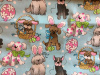 Assorted pups wearing bunny ears, with eggs and baskets on light blue