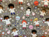 Girls in lab coats with test tubes and beakers and symbols of dna, planets and rockets