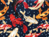 Red/white/beige/orange koi swimming on a navy background