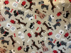 Dog breeds and red fire hydrants on beige sprinkled background
